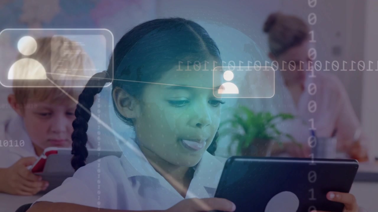 School girl tapping tablet in classroom, sending animated profile icons and links for education