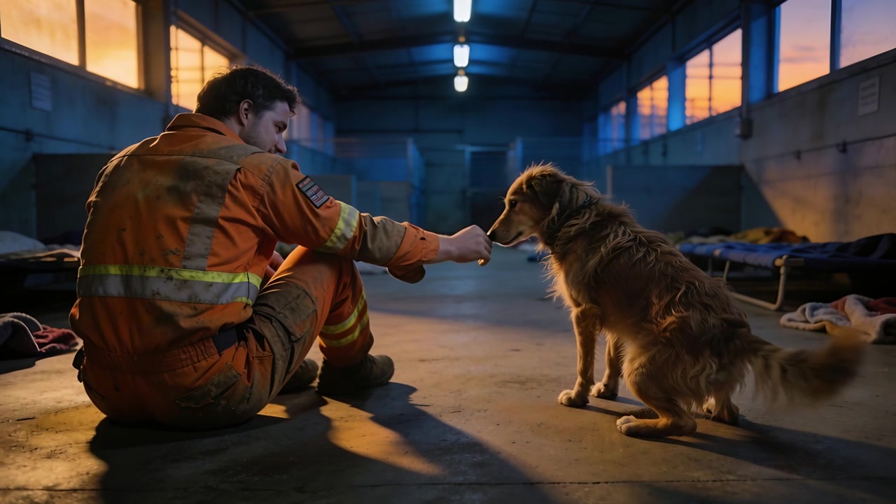 Homme en combinaison orange tendant la main, réagissant à un chien qui s'approche, étendant la main au sol pour le réconforter