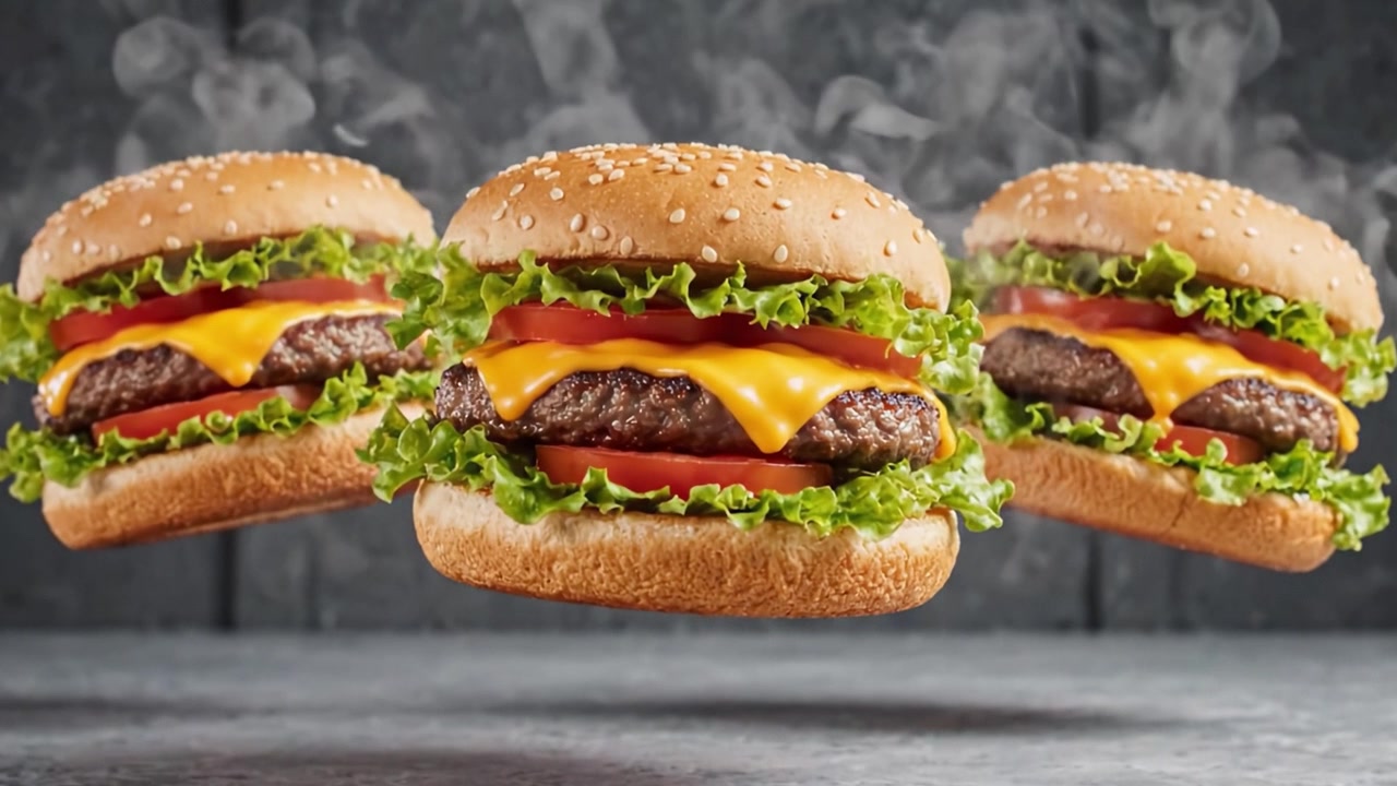 Hamburger deliziosamente stratificati con succosi medaglioni di carne, cheddar fuso, lattuga fresca e pomodori a fette, perfettamente esposti su uno sfondo testurizzato.