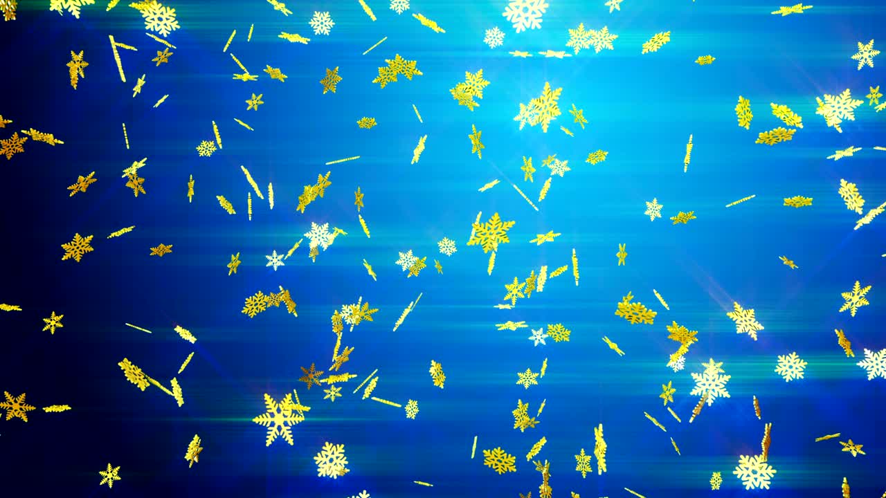 파란색 배경에 떨어지는 금색 눈송이.
