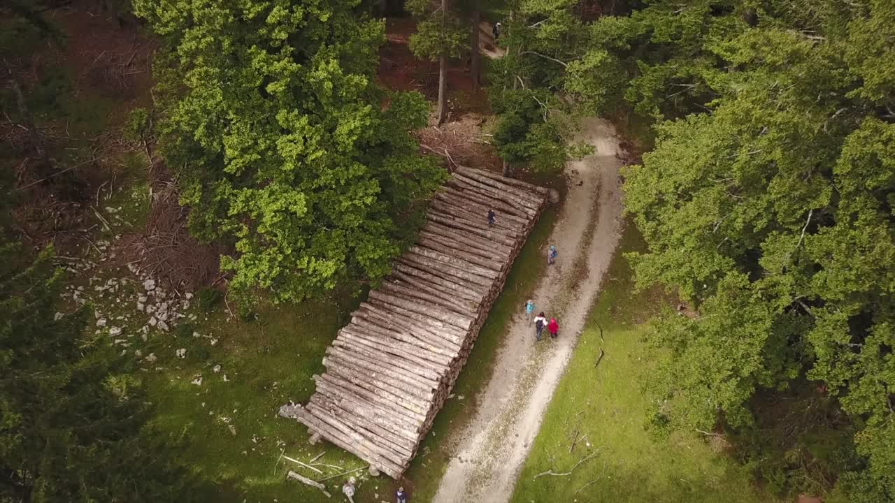 vista superior de una tienda de madera al lado de un camino natural en los alpes suizos