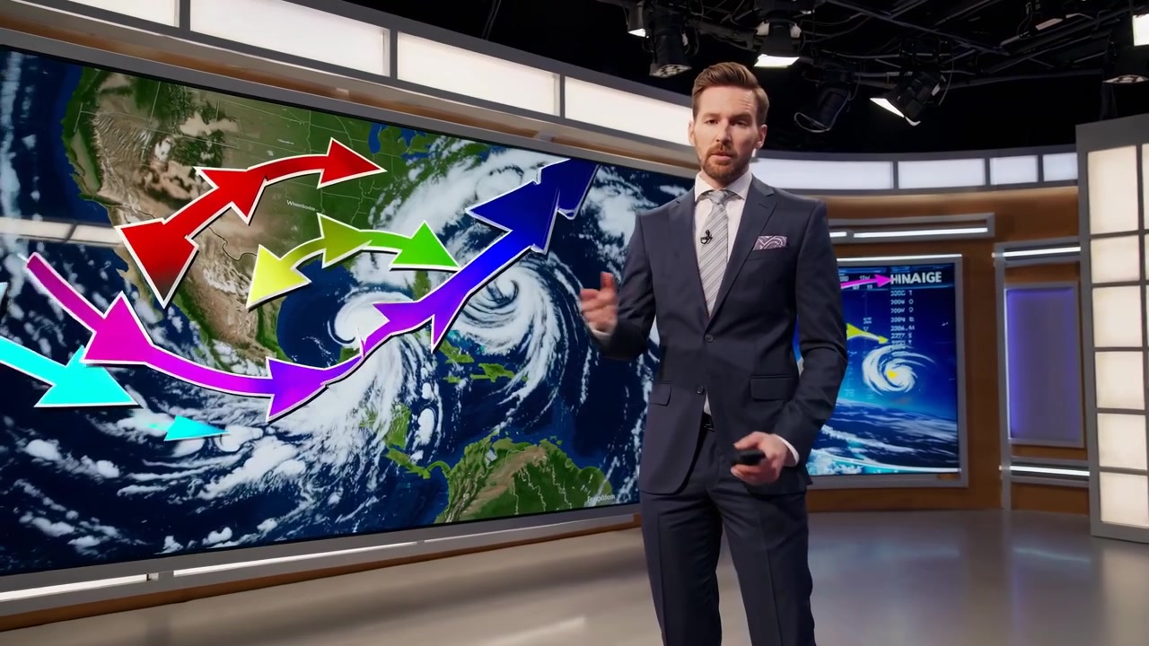 Meteorologo che presenta le previsioni meteo di un uragano in uno studio televisivo
