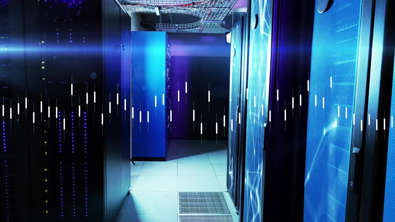 Data processing animation over servers in dimly lit data center