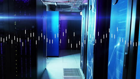 data processing animation over servers in dimly lit data center