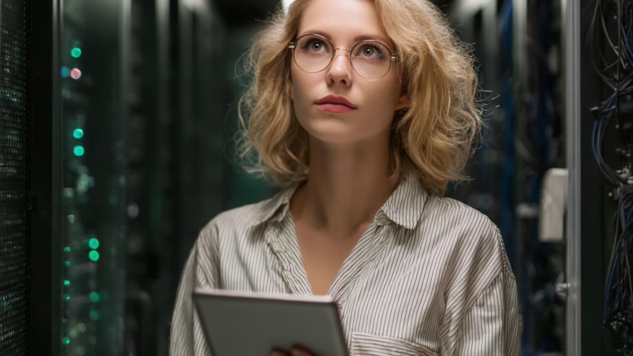 A focused individual in a server room, analyzing data on a tablet, embodying the intersection of technology and intellect in a modern digital environment