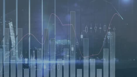 Animation-Mehrerer-Diagramme,-Die-Sich-Nachts-über-Beleuchtete-Moderne-Wolkenkratzer-In-Der-Stadt-Bewegen