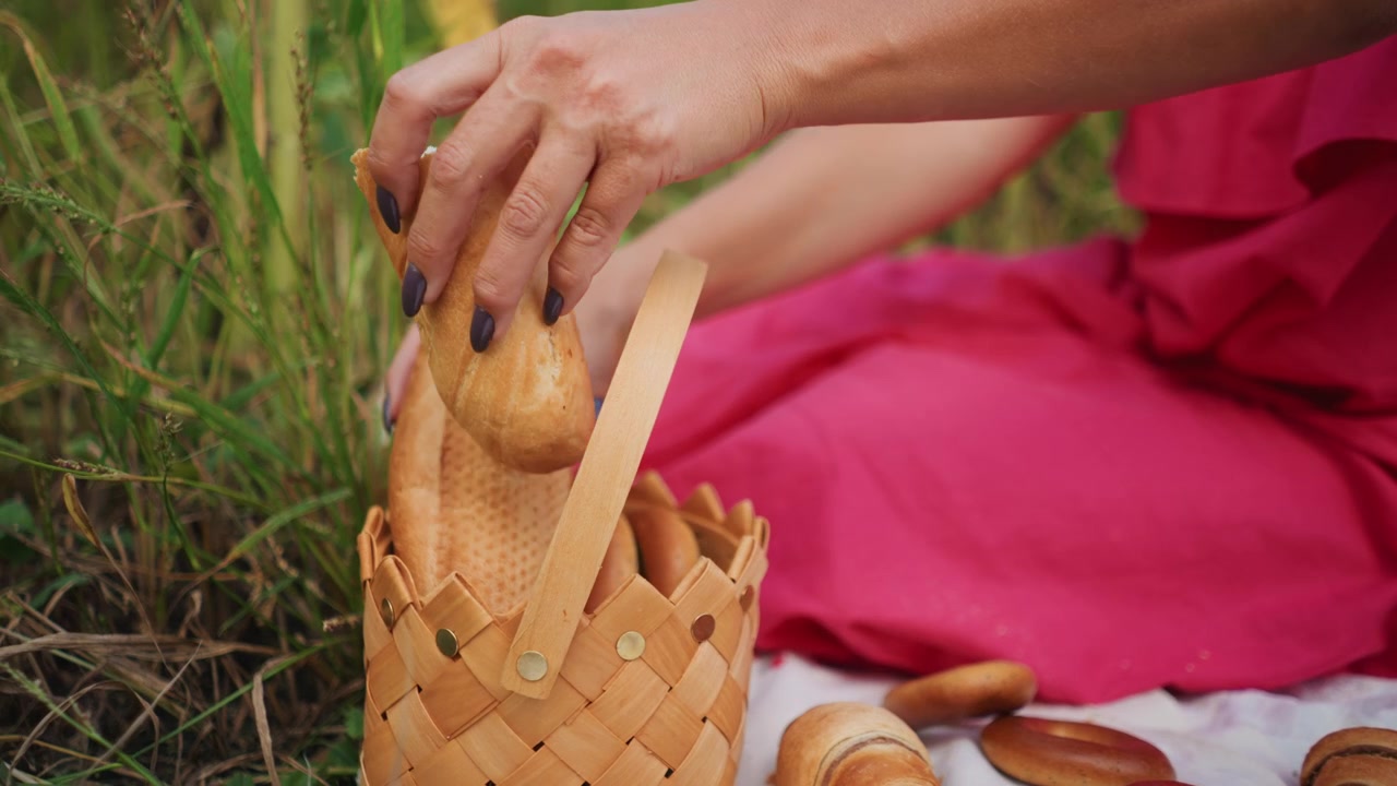 Detail ženy v růžovém oblečení, která drží a vkládá chléb do pleteného koše během venkovního pikniku. Scéna obsahuje různé pečivo rozházené na látce s viditelným zeleným listím.
