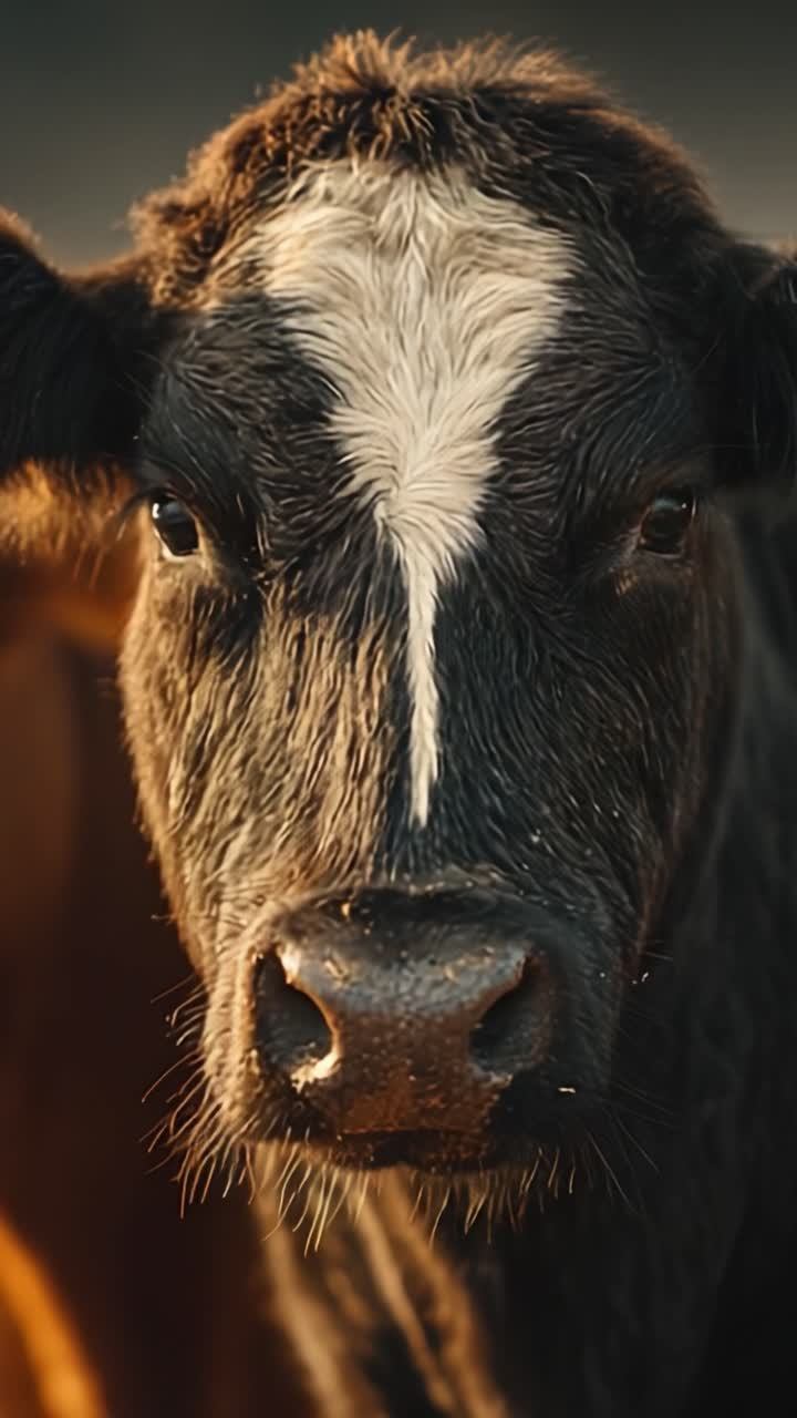Primi piani di una giovane mucca che catturano le espressioni uniche e le belle caratteristiche dei bovini in un contesto agricolo