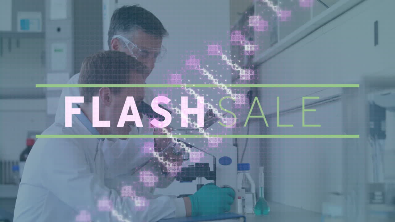 Scientists working in lab with Flash Sale text animation overlay