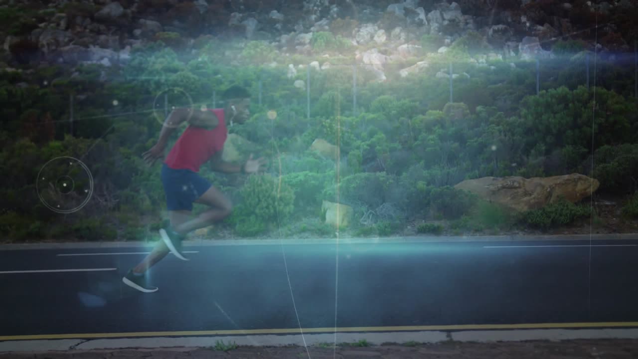 Male runner entering empty road with rocky hill sprinting under tech HUD graphics tracking pace