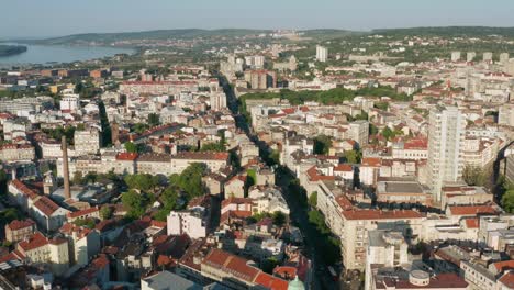 aerial: central belgrade residential district, beautiful serbia capital blue sky