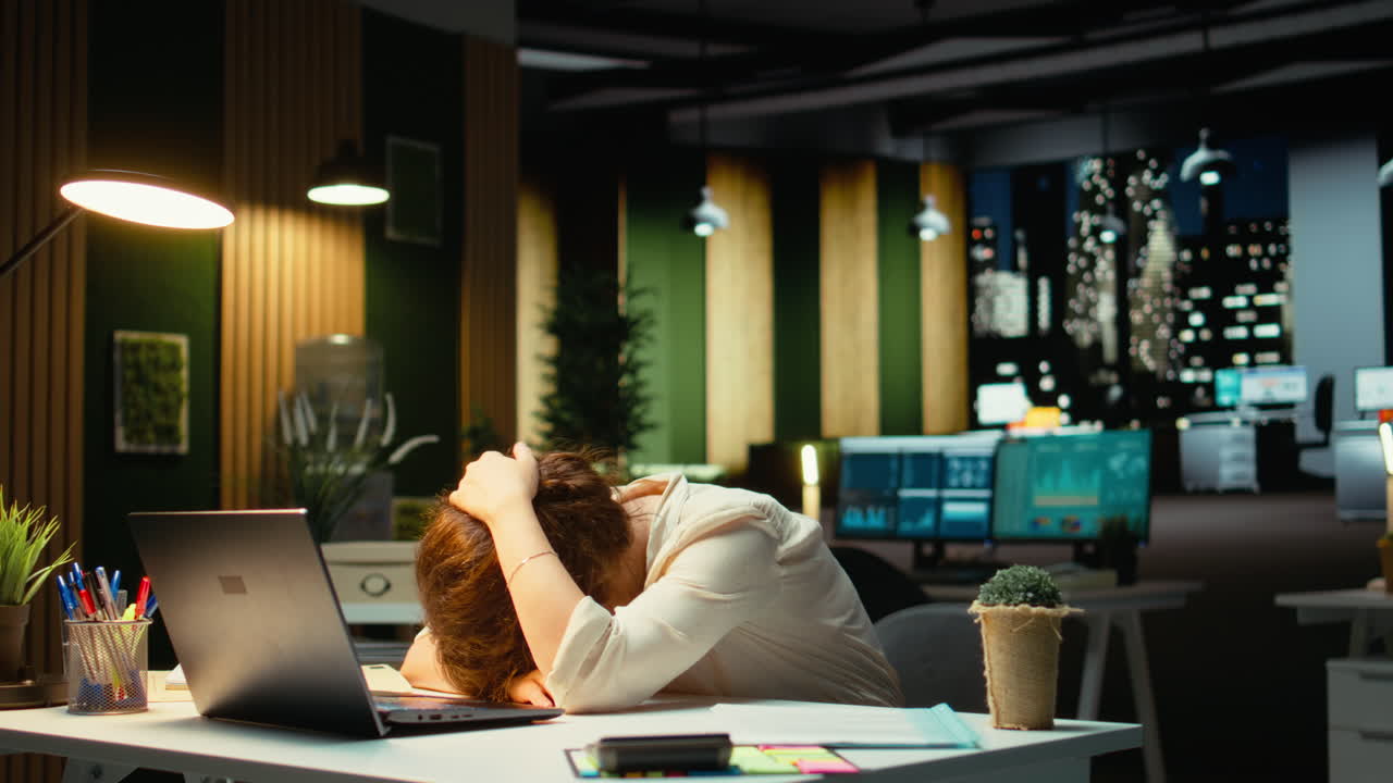 Vertical Video Business employee leaning on her desk showing symptoms of burnout syndrome