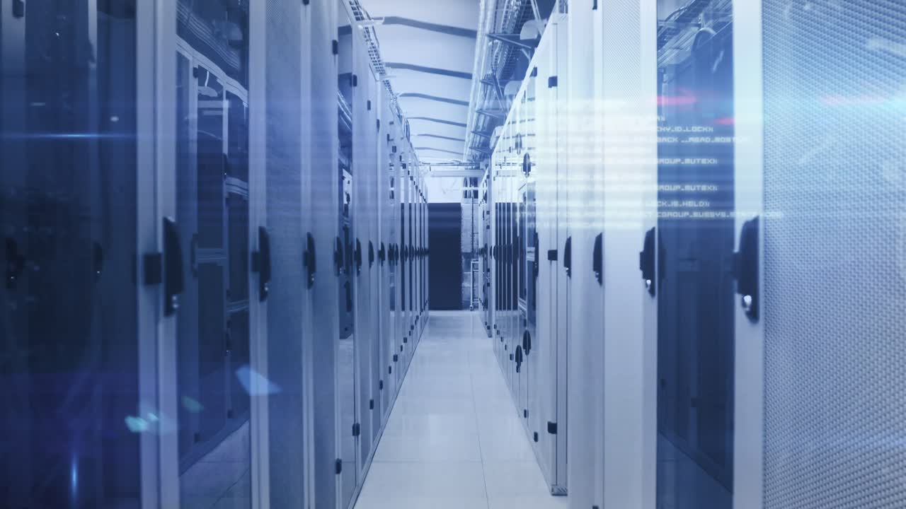 Computer servers in a server room with glowing lights