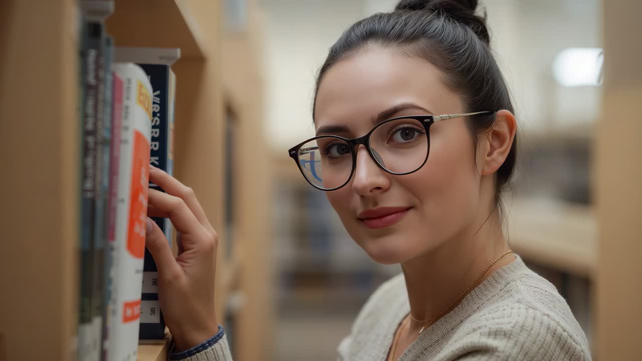 Touching spines, woman wearing glasses browsing titles in library aisle, searching orange tag