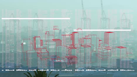 animation of 3d cityscape drawing and data processing over city