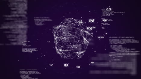 animation of globe of network of connections and data processing over purple background