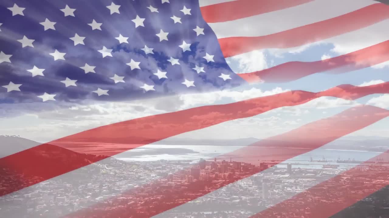 Animazione di bandiera americana con città sullo sfondo