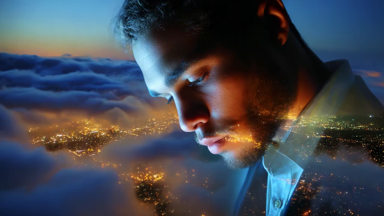 A contemplative man stands against a backdrop of a city skyline illuminated by a sea of clouds, capturing a moment of introspection and dreams as he gazes thoughtfully, enveloped by a dreamy landscape