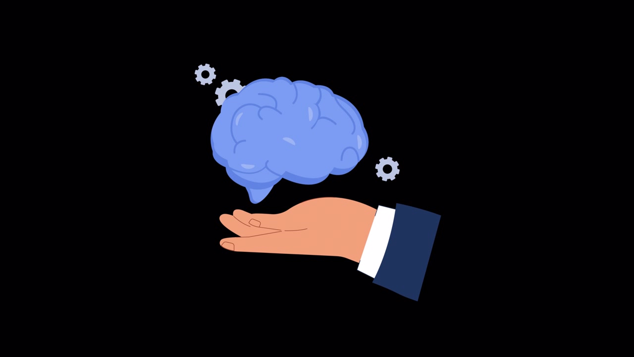 Animated Hand Holding a Floating Brain with Rotating Gears