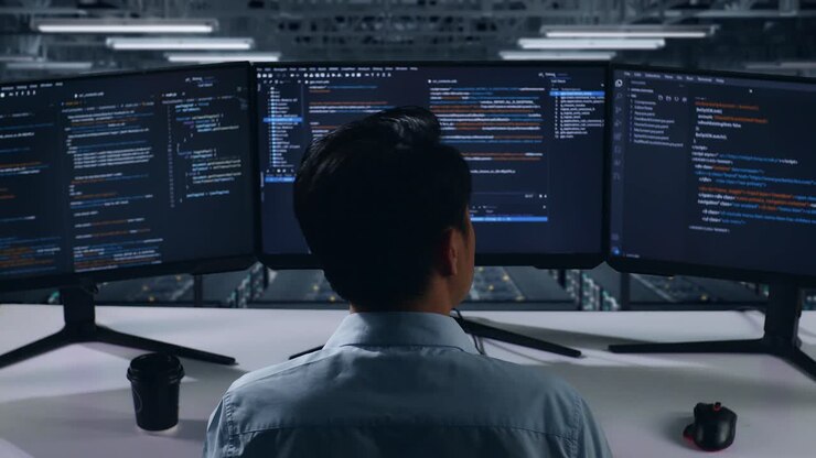 Programmer Working on Multiple Computer Screens in Data Center