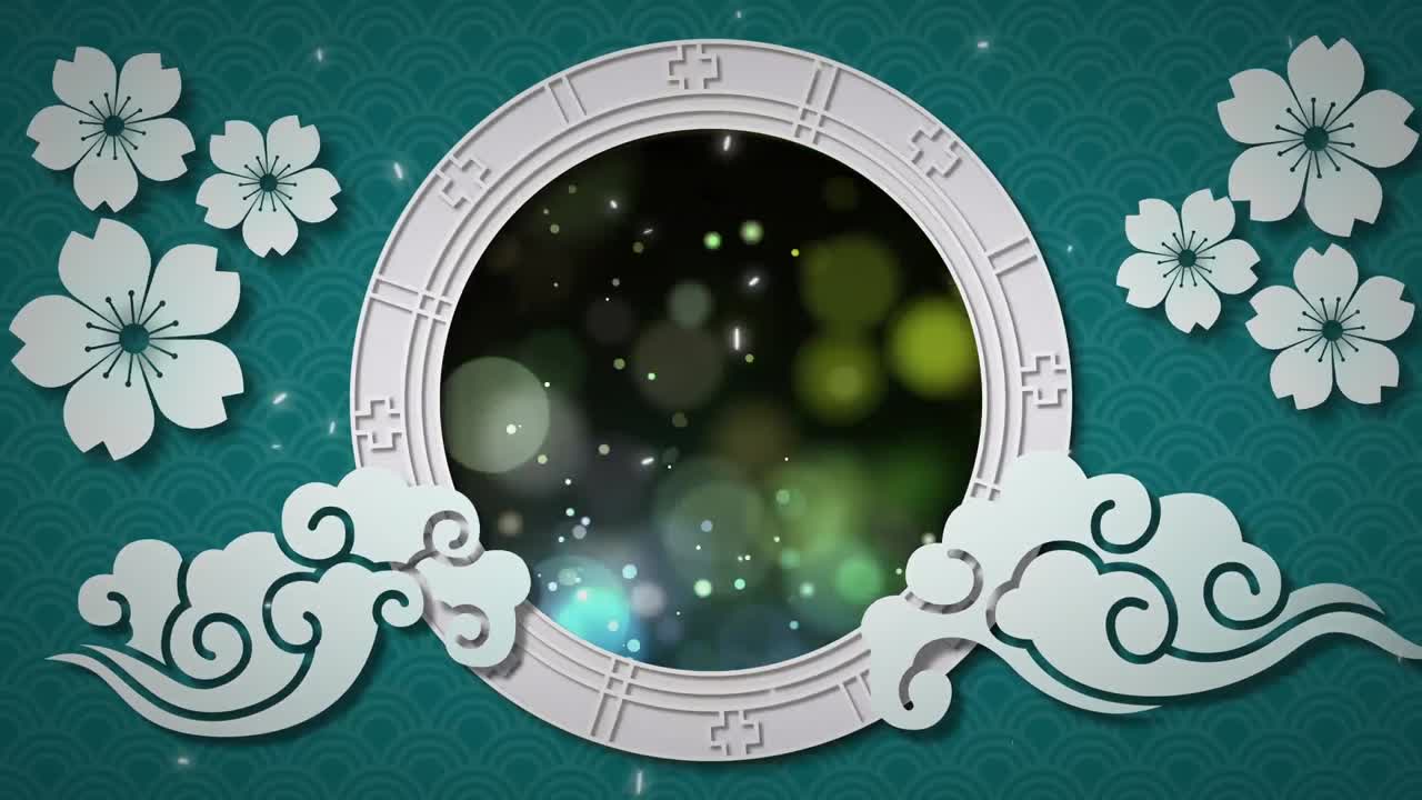 중국어 아시아  ⁇ 색과 파란색 패턴의 애니메이션 복사 공간