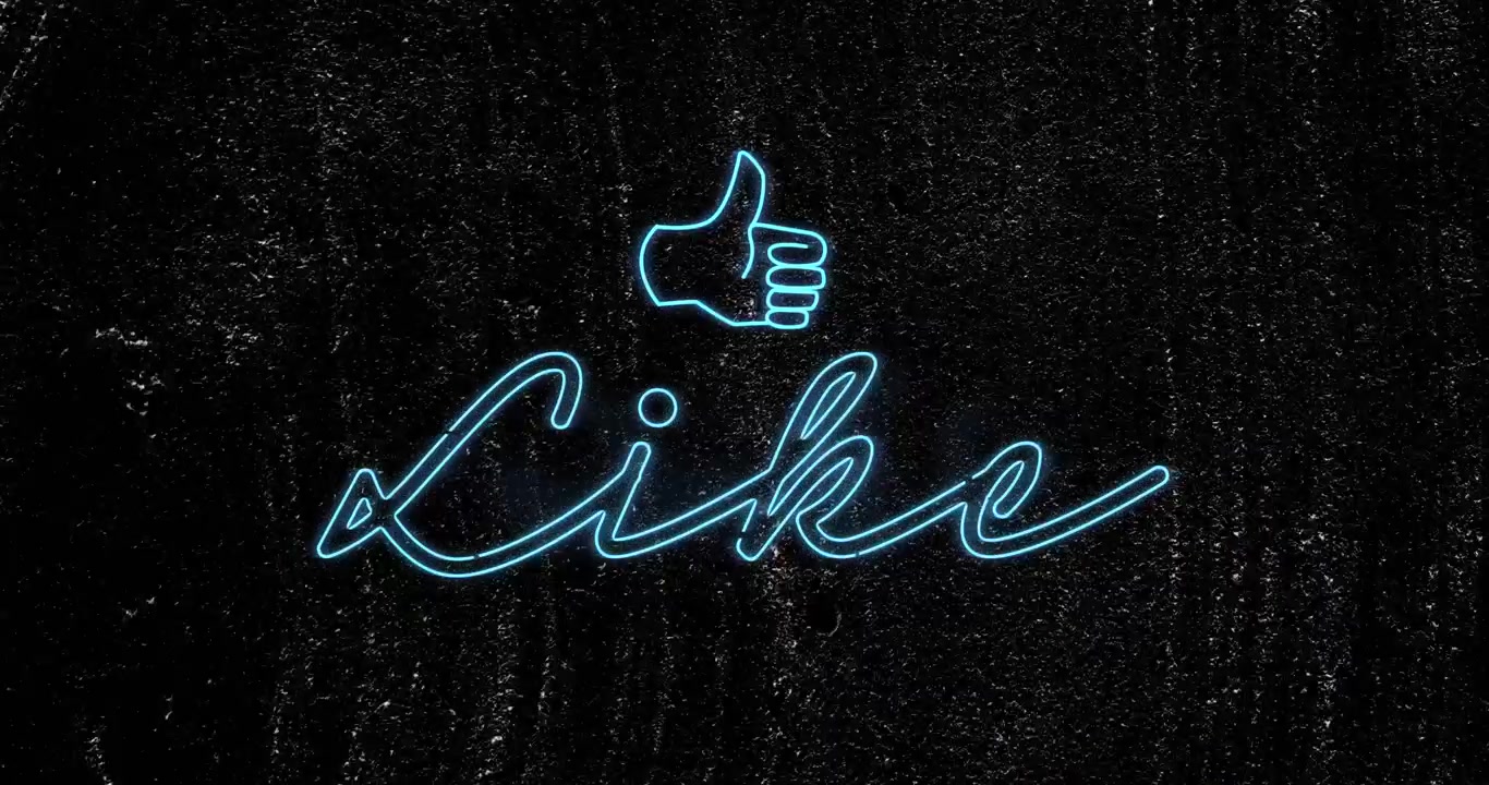 Scena iniziale con un pollice in su al neon e testo "Like" in corsivo che si illumina e si ripete in loop, attirando l'attenzione