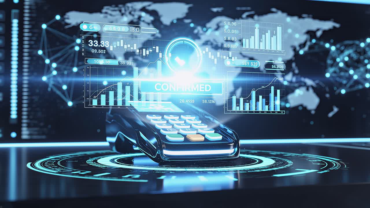 Futuristic Payment Terminal with Digital Financial Data and Transaction Confirmation