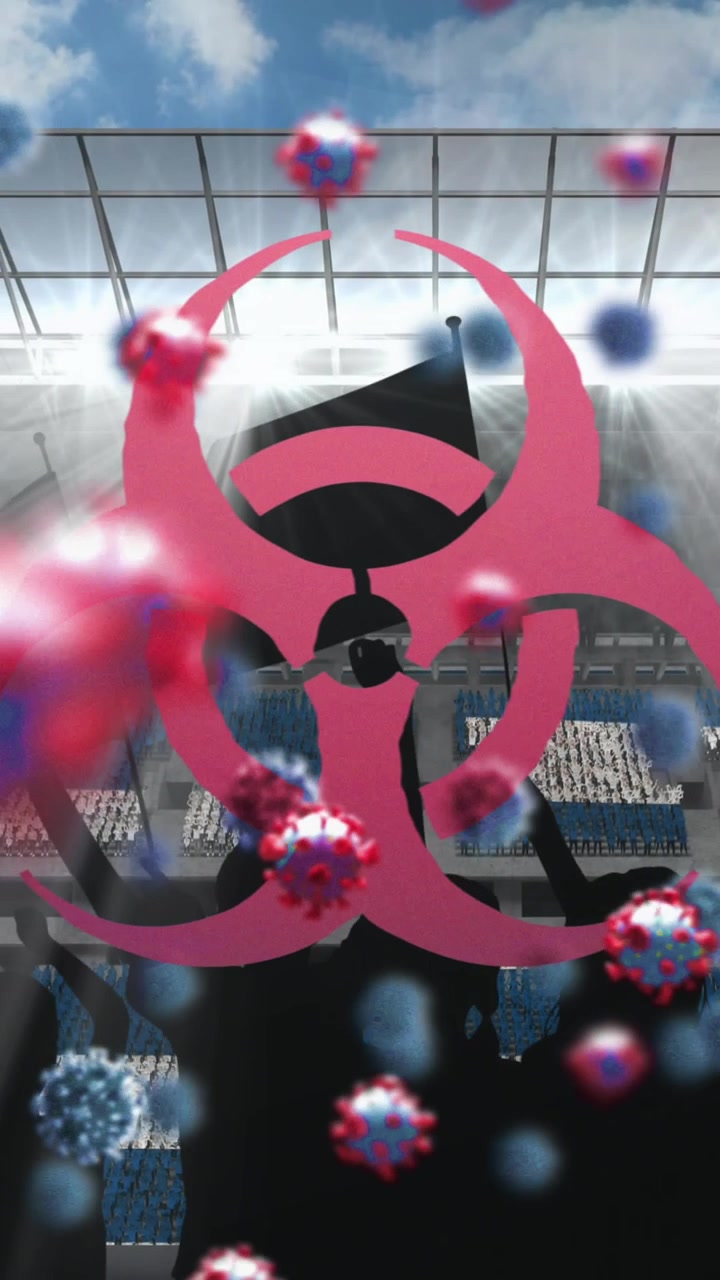 Biofare-symbol og covid-19-celler svever over silhuetten av jublende fans foran et idrettsstadion