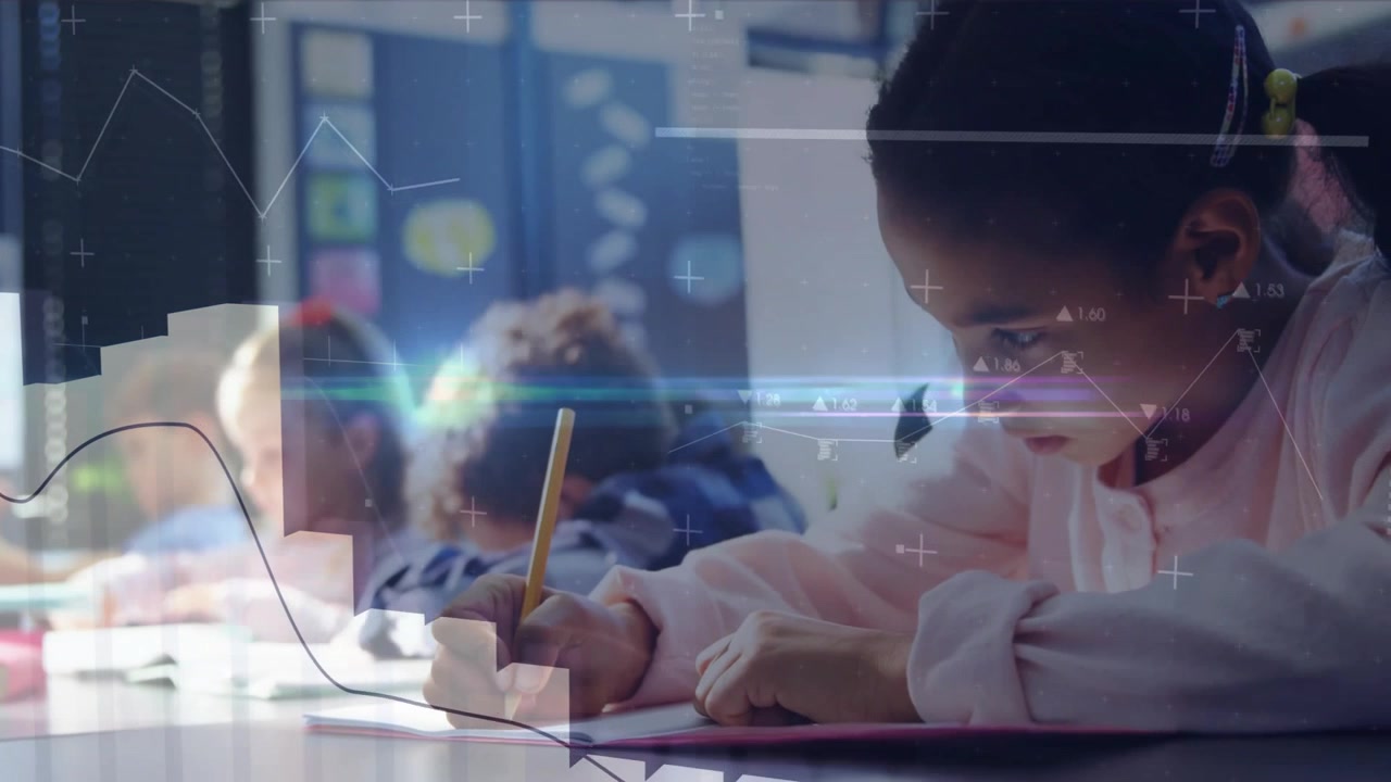 Girl student writing in classroom activating semi-transparent graphs rising over desks for learning