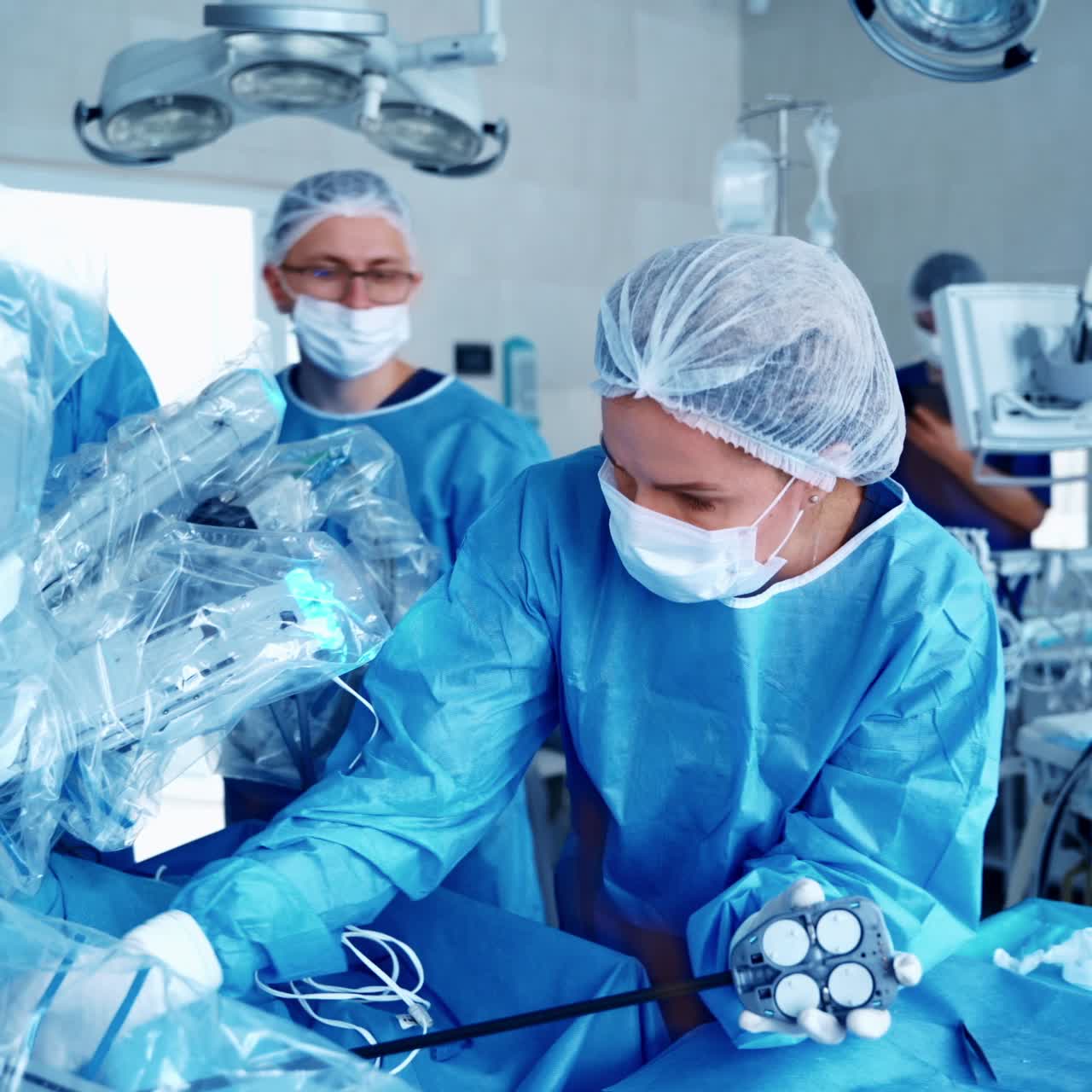 Team of surgeons perform a delicate operation using medical surgical robot. Modern medical equipment. Robotic arm for minimal invasive surgery.