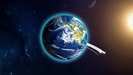 earth with airplanes and jet trails in space