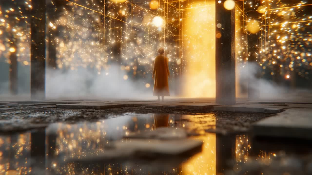 A mesmerizing figure stands in a mystical space filled with sparkling lights, reflecting golden hues in tranquil waters, creating an enchanting atmosphere of wonder and discovery