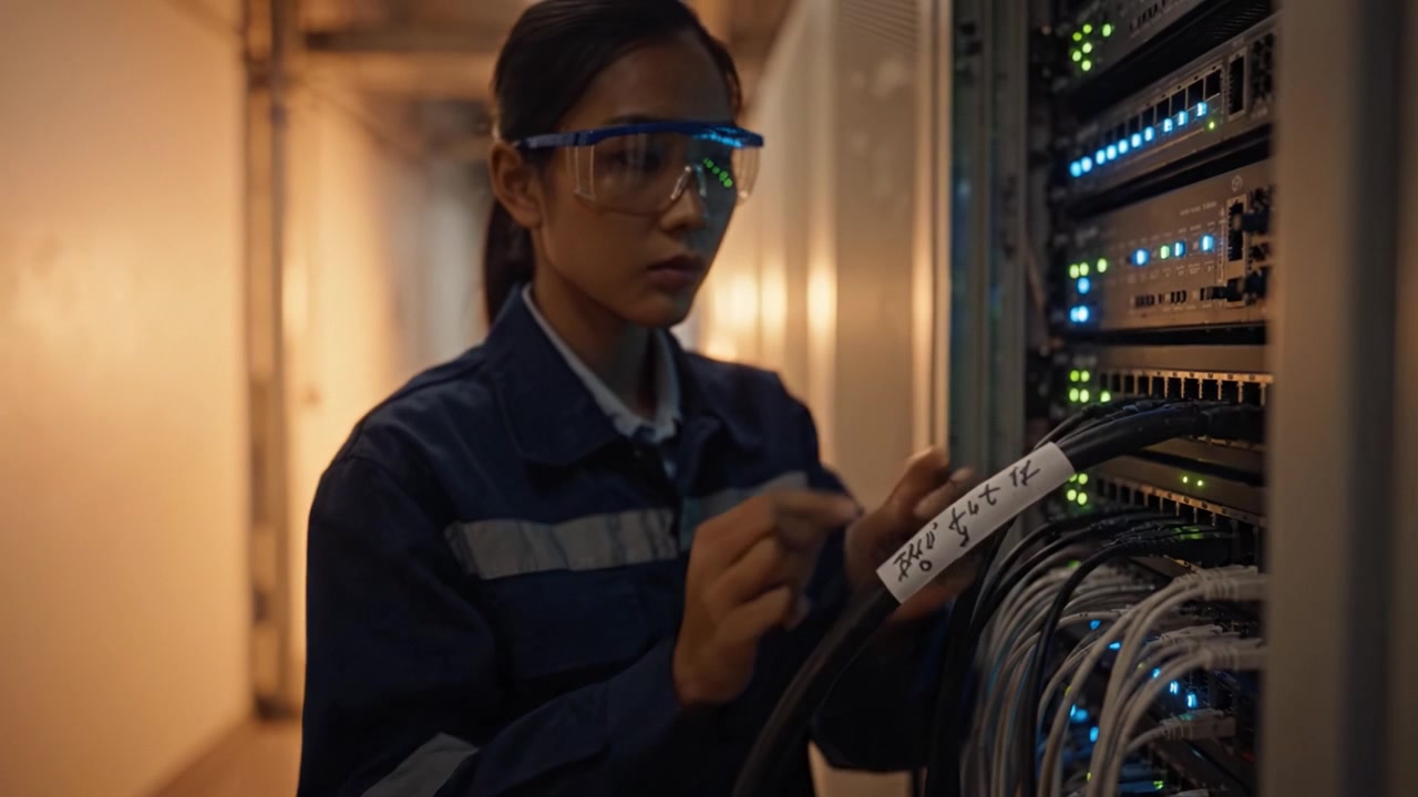 Technician Labeling Cables in Data Center: Ensuring System Organization and Network Efficiency with Precision and Care for Optimal Performance in Server Management