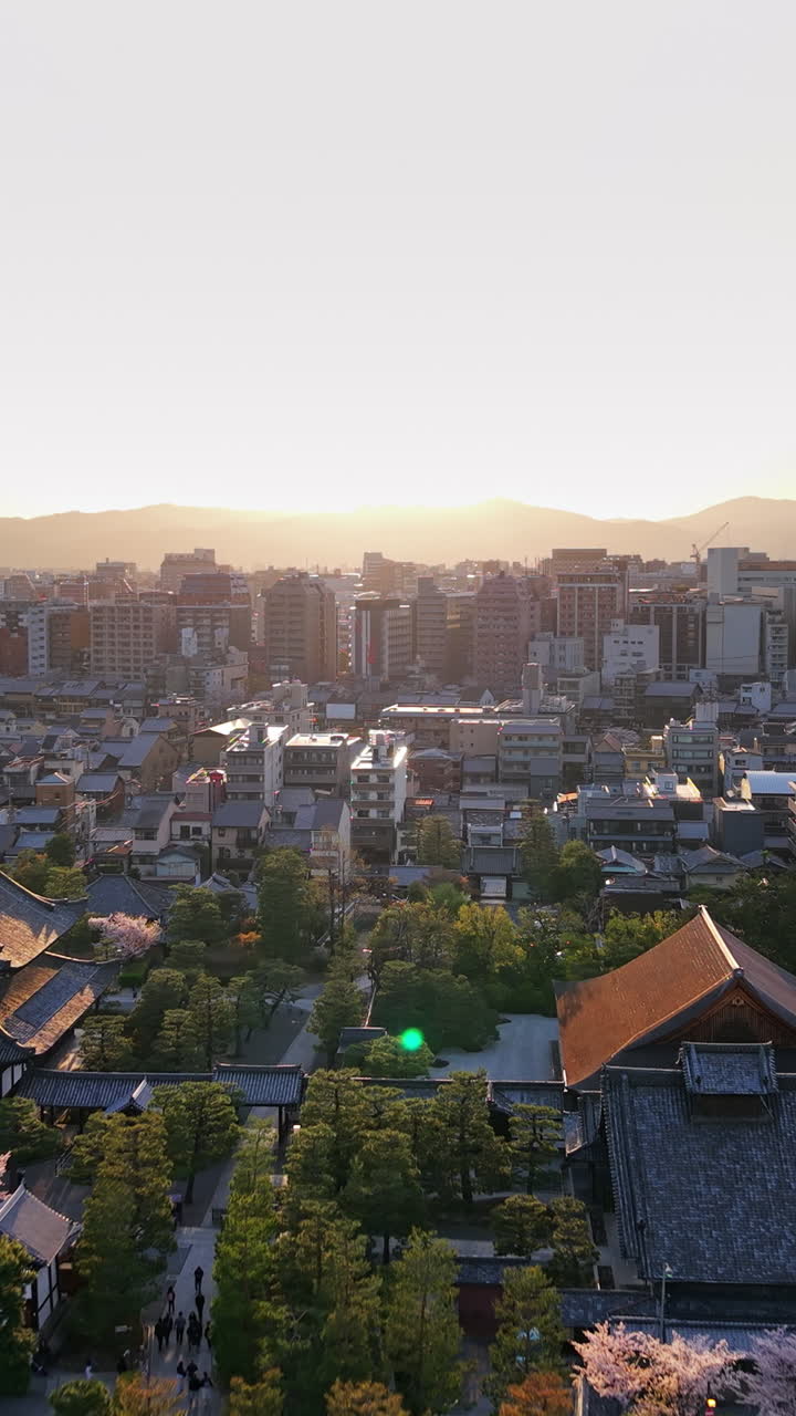 Aerial drone view of the Kenninji Temple in daylight in Kyoto, Japan