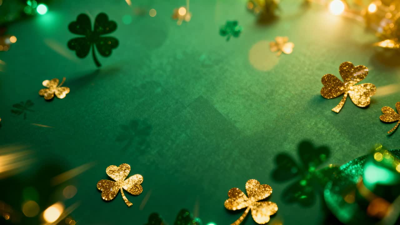 Shimmering gold green clover confetti shifting on green backdrop under warm light and camera shift