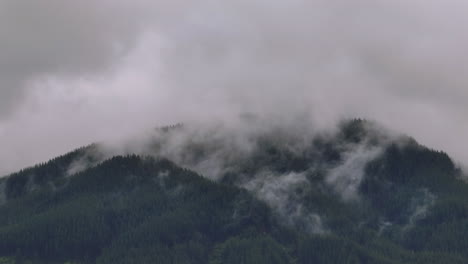 Drone Shot of Rain Clouds Moving Over Heavily Forested Mountain Range, New Zealand