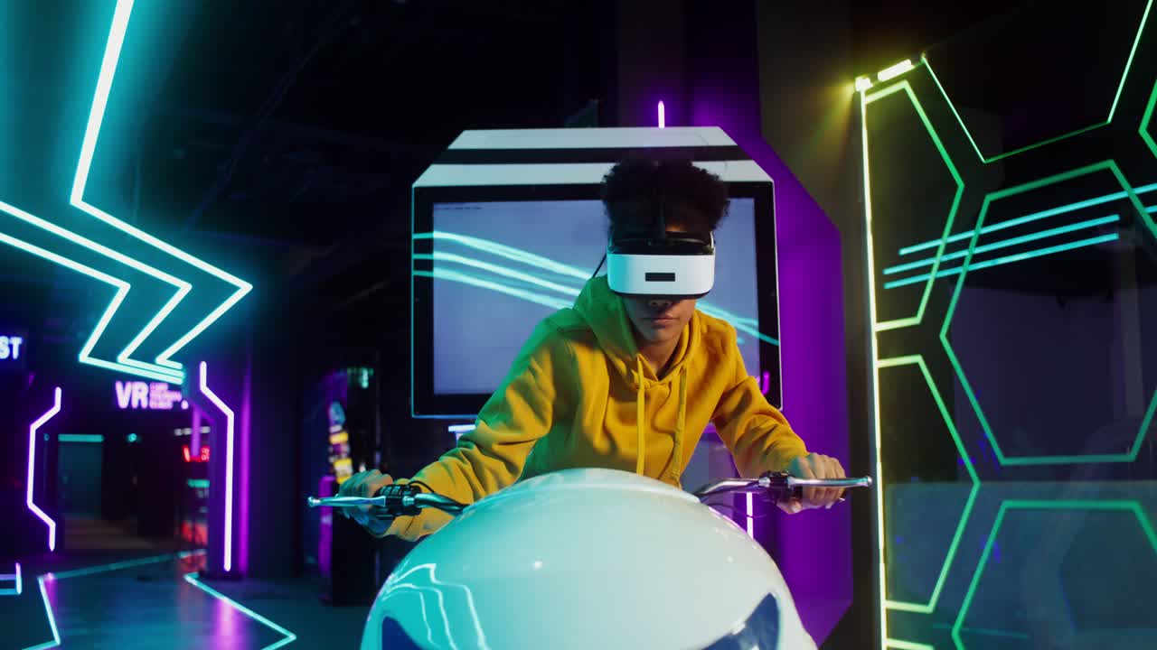 Man experiencing virtual reality in an arcade