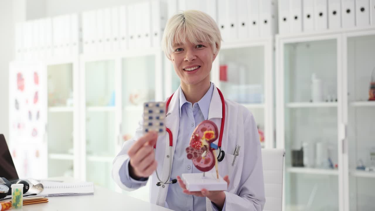 Doctor holding a kidney model and pills in a medical office
