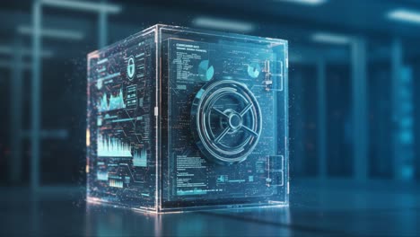 futuristic digital safe representing enhanced cybersecurity features with data analytics visuals, designed for modern data protection and security awareness