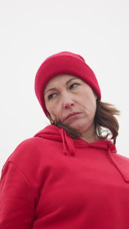 mujer de mediana edad girando la cabeza de derecha a izquierda bajo una atmósfera de niebla con árboles borrosos en el fondo, escena de naturaleza suave y serena que evoca la calma y la contemplación en un entorno brumoso
