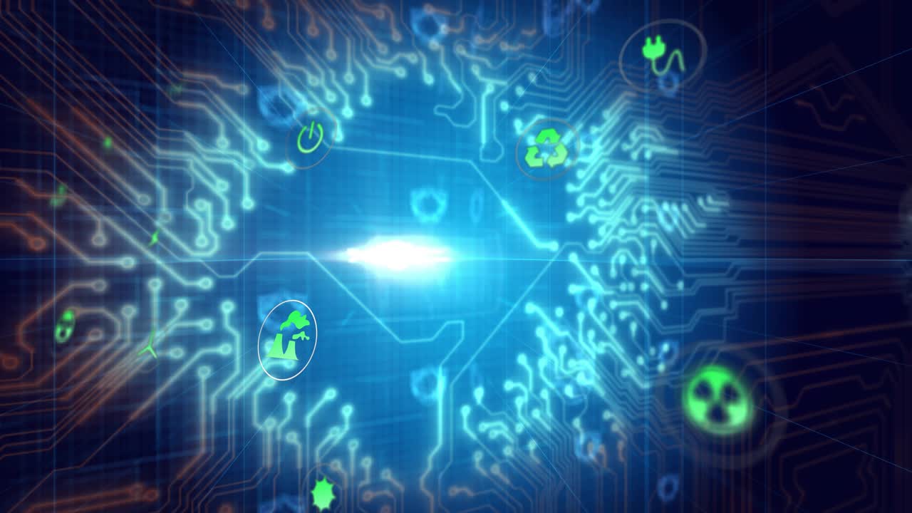 Central blue flare pulsing, circuit shield forming while neon-green icons orbit to show CO data
