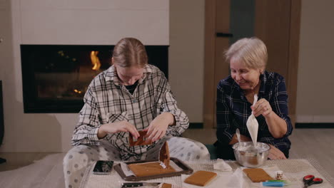 grandmother and granddaughter making gingerbread house