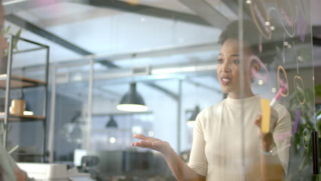 a young african american woman presents in a business office setting with copy space