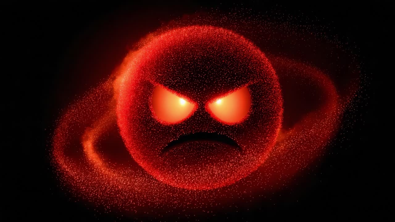 An intense and emotive illustration of an angry red celestial body surrounded by a swirling ring, symbolizing turmoil and fierce energy in a cosmic setting