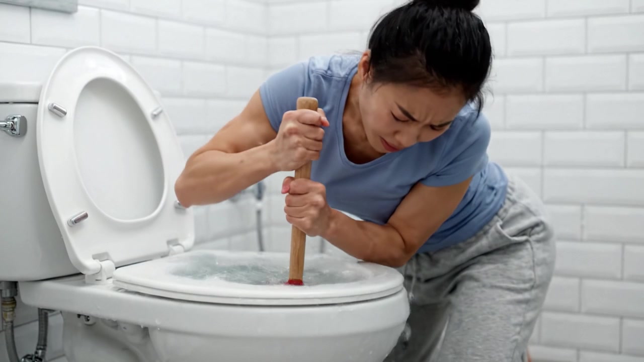 Struggling with a Clogged Toilet: A Woman's DIY Experience in an Effort to Unclog the Drain in a Modern Bathroom Setting