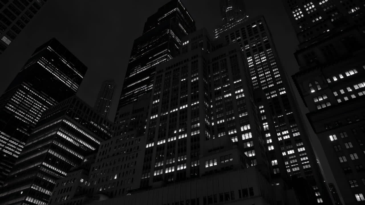 Barrido vertical en blanco y negro de rascacielos de una ciudad de noche