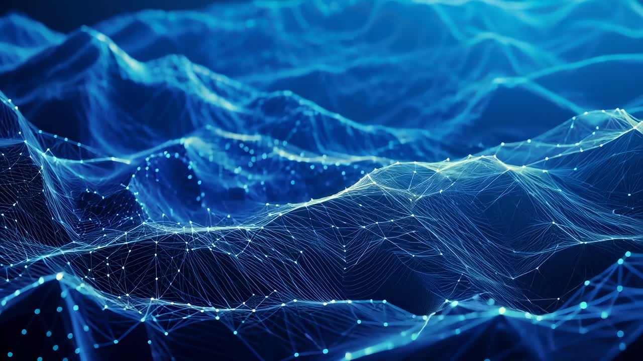 Abstract digital landscape with glowing lines and nodes, viewed from a low angle