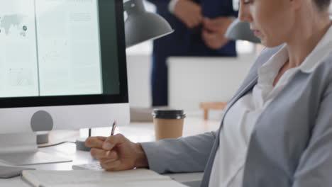 Hermosa-Mujer-De-Negocios-Escribiendo-Notas-En-Una-Reunión-De-Oficina-Intercambiando-Ideas-Y-Planificando-Estrategias