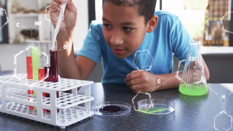 llevando a cabo experimentos científicos, niño observando reacciones químicas sobre estructuras moleculares