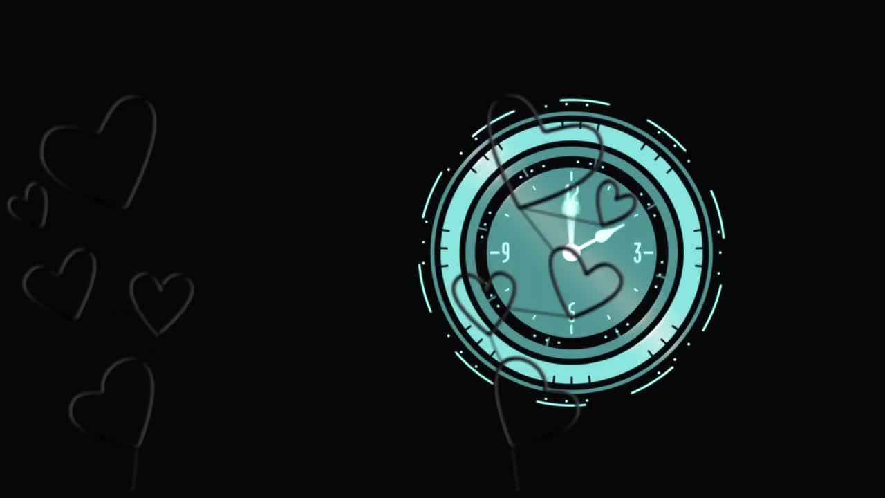 animación de corazones sobre el reloj en fondo negro
